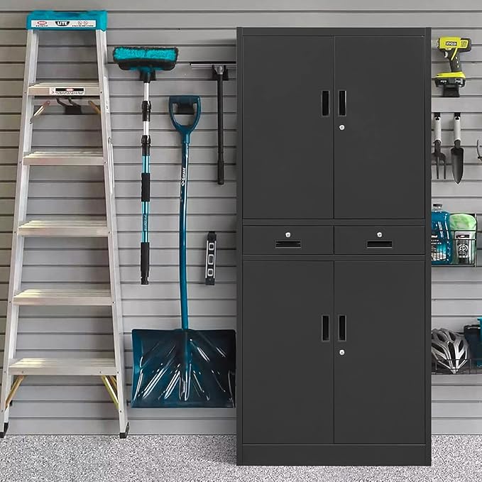 71" H Tall Metal Storage Cabinet with 2 Drawers, Metal Garage Storage Cabinet with Lock and 2 Adjustable Shelves for Home, Office, Garage, Warehouse Organize, Black