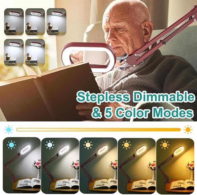 IVMAIE 10X Rectangle Magnifying Glass with Light, 5 Color Modes Stepless Dimmable Magnifier with Stand, LED Lighted Clamp Desk Lamp with Swing Arm, Hands Free for Reading Painting Close Work - Red