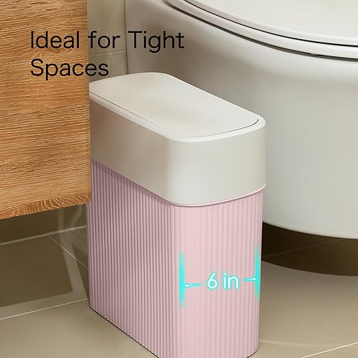 Bathroom Trash Can with Lid, 12L Small Plastic Garbage Can for Kitchen with Press Top Lid, 3.2 Gallon Slim Dog Proof Wastebasket Trash Bin for Office, Bedroom, Living Room, Home Cabinet-Pink
