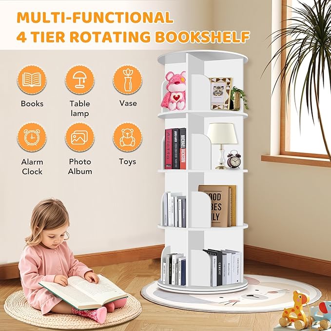 RUNSUNSPRI 4 Tier Rotating Bookshelf Tower, Spinning Bookshelf, Revolving 360° Bookcase Storage Round Carousel, Vertical Rotate Turning Spiral Corner Organizer Lazy Susan, White