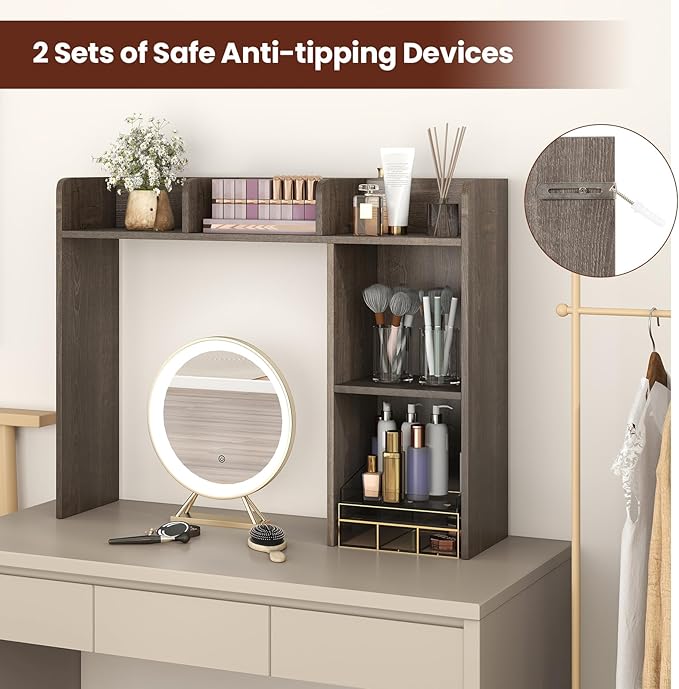 Desktop Bookshelf, 3-Tier Desk Hutch Shelf with 5 Display Rack for Computer Desk, Desk Organizer Shelves for Top of Desk, Dorm, Home, Office (Grey)