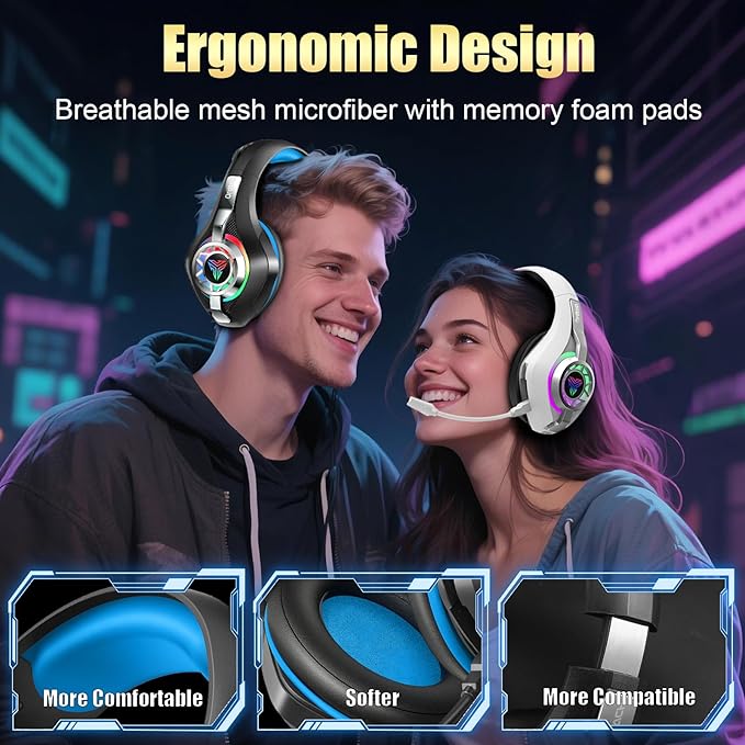 2.4GHz Wireless Gaming Headsets for PS5/PS4/PC/Switch/Xbox, RGB Noise Cancelling Over-Ear Headphones with 7.1 Surround Sound, 40mm Drivers, 276g Ultraligero, Memory Foam, 45H Gaming Headphones Black