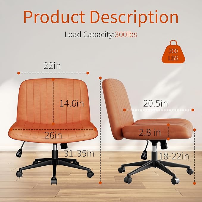 Meilocar Criss Cross Chair with Wheels, Cross Legged Office Chair, Armless Office Chairs Adjustable Height Swivel Tilting Vanity Chairs for Home Bedroom (PU Leather, Orange)