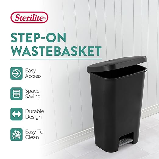 Sterilite 11.9 Gallon Rectangular Step On Kitchen Plastic Indoor Wastebasket with Wide Opening Lid and Comfort Handle for Home, Black (16 Pack)