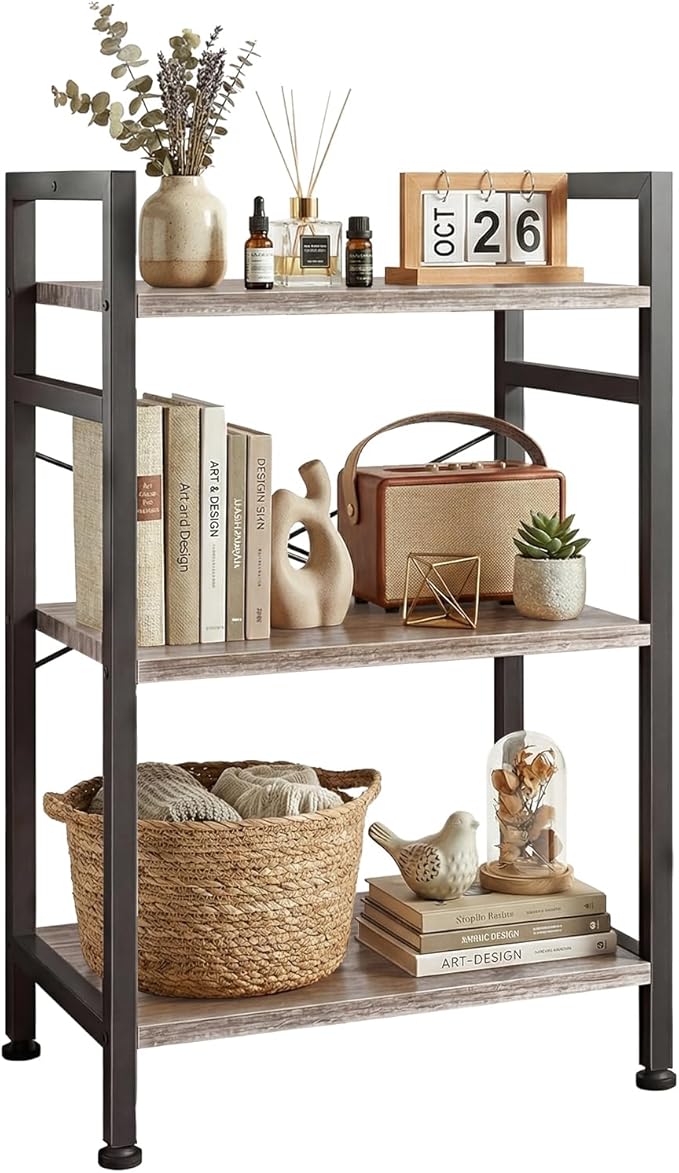 3 Tier Bookshelf, Free Standing Wooden Bookcase with Open Storage Shelves with Metal Frame, Sturdy Shelf Organization Display Rack for Living Room, Bedroom, Home Office, 27.6" Tall, Grey