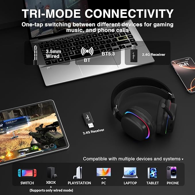AULA G7 Wireless Gaming Headset with Detachable Noise Canceling Mic, 40mm Driver, BT5.3 Gaming Headphones with RGB Light, 10ms Latency, 60Hr Battery, PC Gaming Headset for PS5,PS4, Switch,Xbox,PC