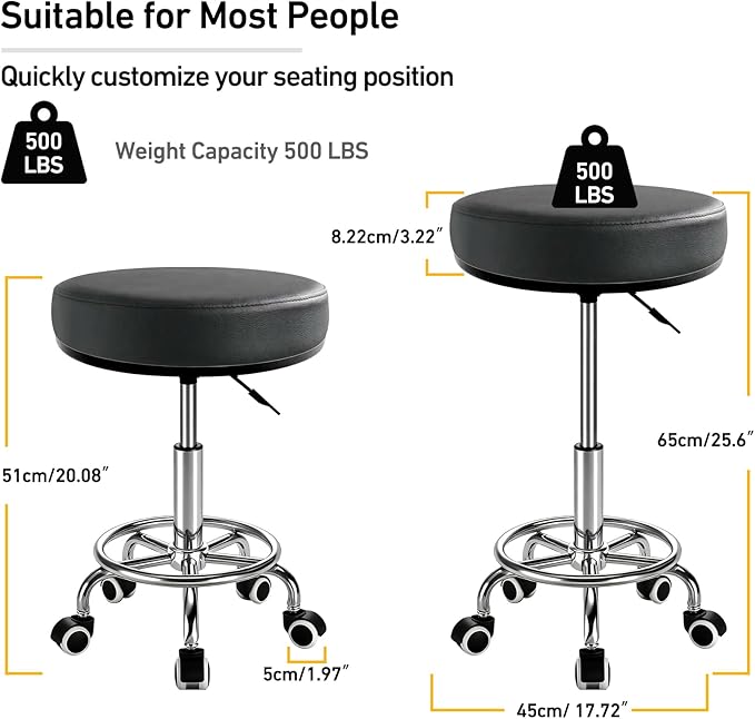 Heavy Duty Round Rolling Stool 500lb, PU Leather 360-degree Support Full-Edge Cover Layer Drafting Chair with Wheels, Height Adjustable Swivel Stool with Footrest, 5-min Easy Assembly (Black)