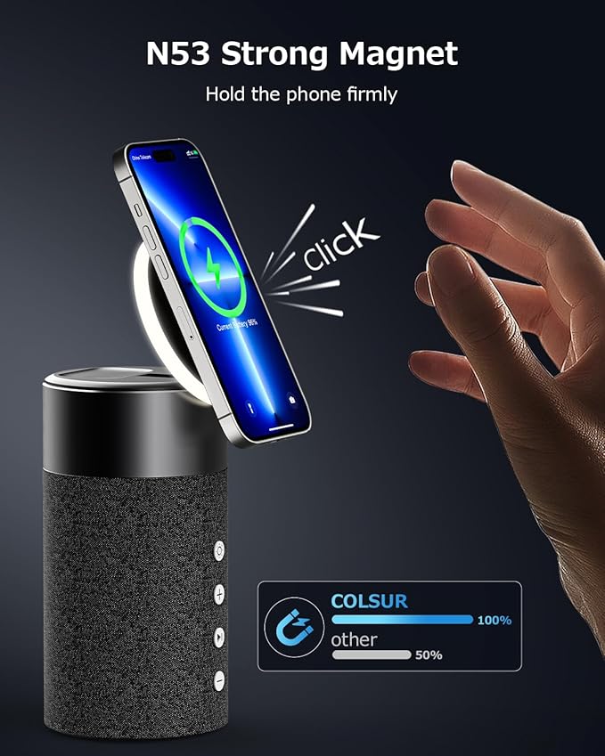 COLSUR Bluetooth Speaker, Magnetic Wireless Charger, Bluetooth Speakers with Night Light, 2 in 1 Wireless Charging Station for iPhone 17/16/15/14/13/12 Series, AirPods Pro 2/4/3/2（Gift Ideal）(Black)