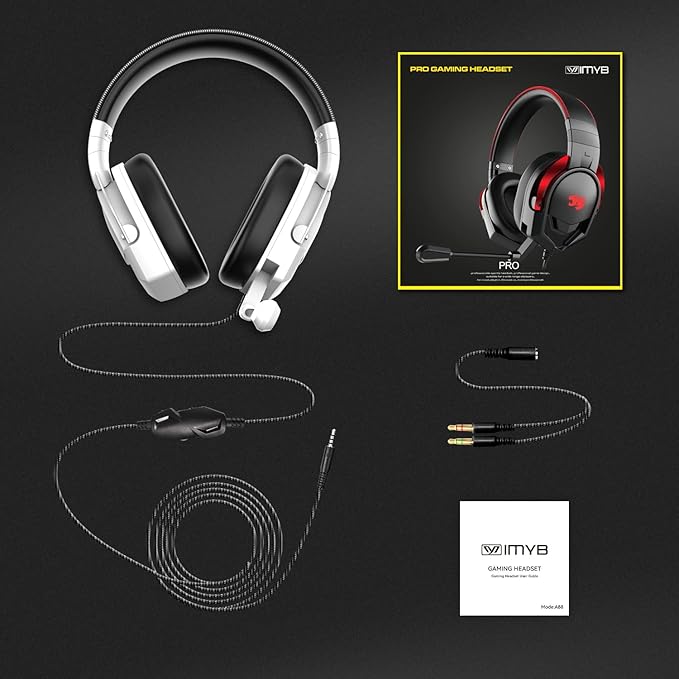 IMYB A88 Gaming Headset with Microphone, Stereo Wired Noise Cancelling Over-Ear Headphones with Mic for Pc, Ps5, Xbox One Series X/s, Ps4, Computer, Laptop, Mac, Nintendo, Gamer (White)