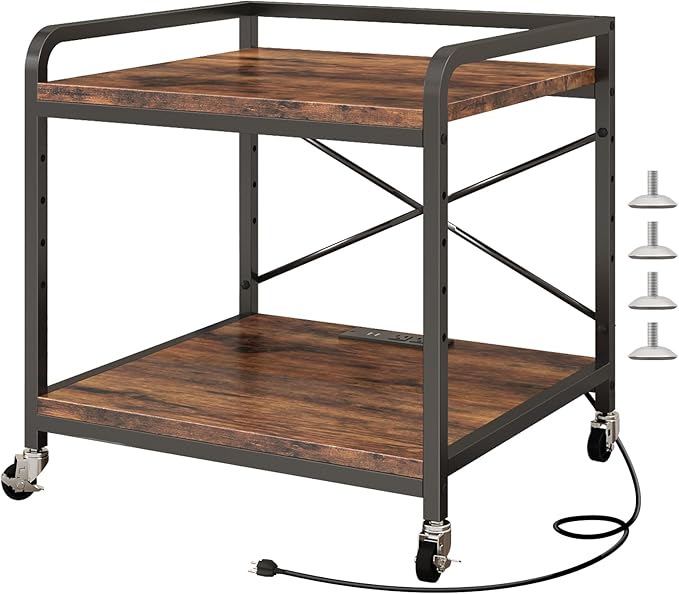 METYERRY Under Desk Printer Stand with Power Outlet,2 Tier Large Printer Table with Adjustable Shelf,Rolling Printer Cart with Industrial Wheels for Home Office,20"×20" Rustic Brown