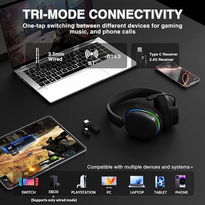 AULA G7 Pro Wireless Gaming Headset with 7.1 Surround Sound, 40mm Driver, BT5.3 Gaming Headphones with Mic, RGB, 10ms Latency, 65H Battery, PC Gaming Headset for PS5,PS4, Switch,Xbox,PC,Phone, Mac