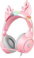 Lightweight Gaming Headset with Detachable Deer Ears, RGB Lighting, Wired Over Ear Headphones with Mic for PC, PS4, PS5, Xbox, Switch, Stereo Surround Sound, Self-Adjusting Headband