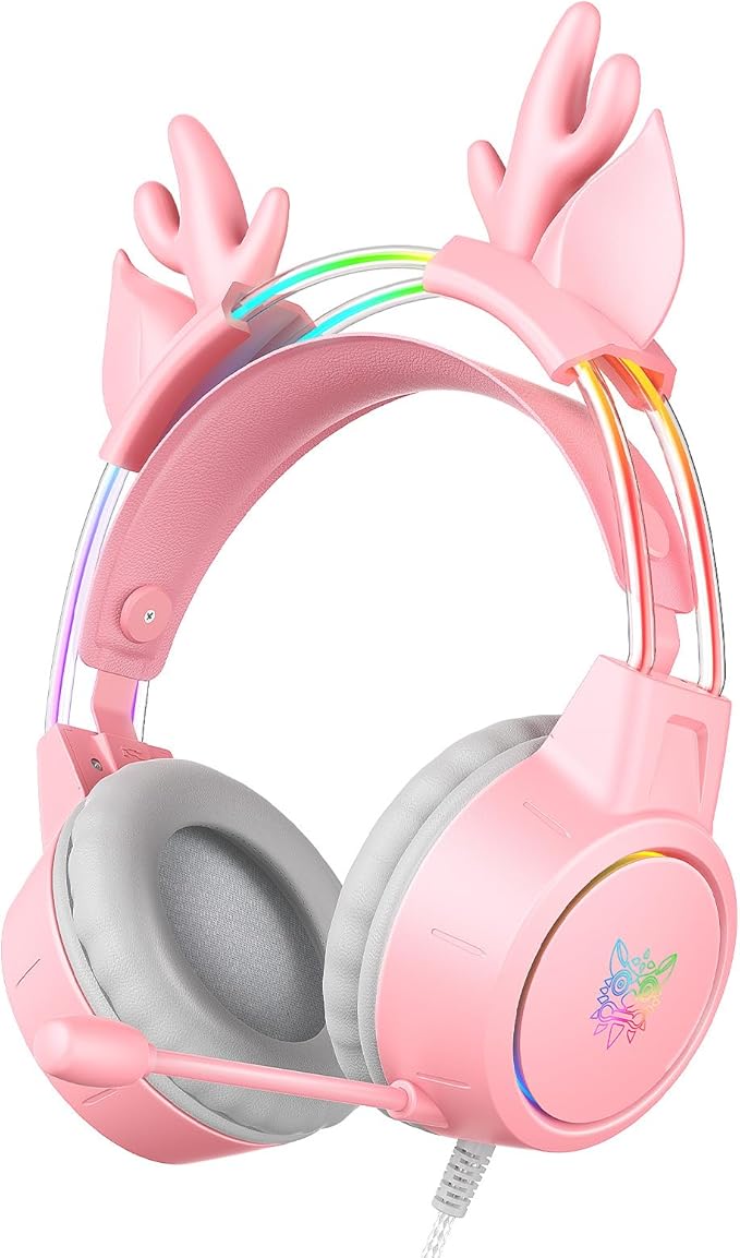 Lightweight Gaming Headset with Detachable Deer Ears, RGB Lighting, Wired Over Ear Headphones with Mic for PC, PS4, PS5, Xbox, Switch, Stereo Surround Sound, Self-Adjusting Headband