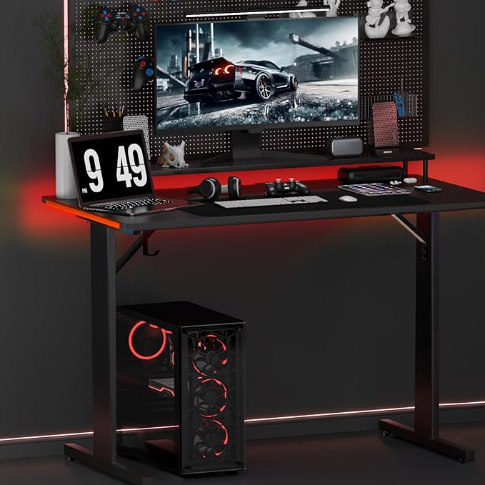 GTPLAYER 55 Inch Gaming Desk with LED Lights, Large Computer Desk with Mouse Pad for Home Office, T-Shaped Carbon Fibre Surface PC Game Workstations with Headphone Hook