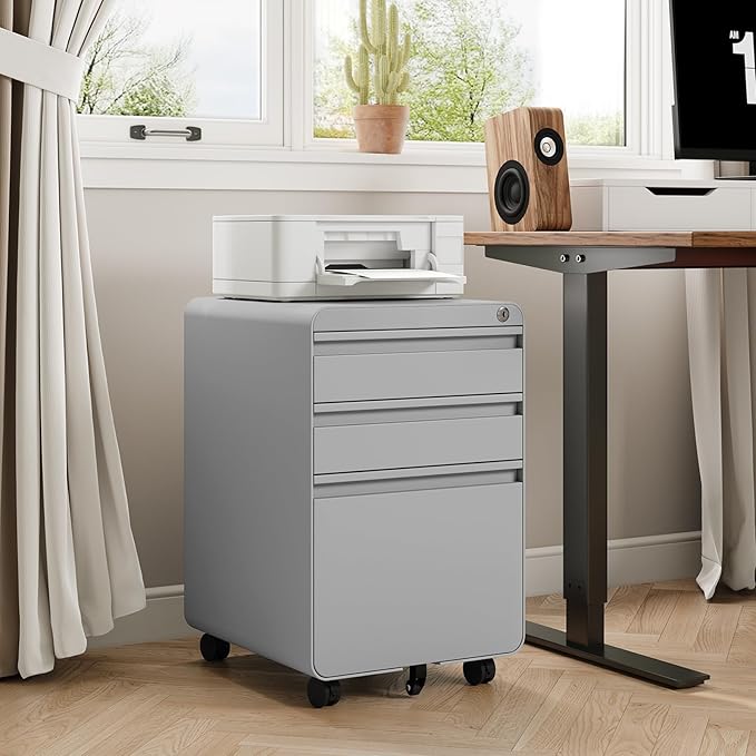 Dripex 3 Drawer Grey File Cabinet, Mobile Under Desk Storage File Cabinet with Lock on Wheels, Letter/Legal Size,Fully Assembled, Small Short Vertical Metal Rolling Filing Cabinets for Home Office