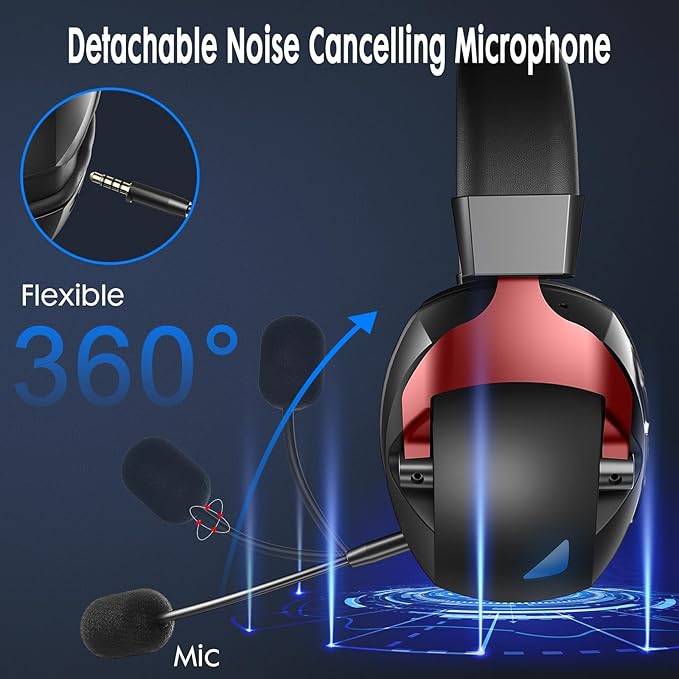Wireless Gaming Headset for PS5, PS4, PC, Nintendo Switch, 2.4GHz USB Gaming Headphones, Bluetooth 5.3, 50H Battery, Noise Canceling Microphone, ONLY 3.5mm Wired Mode for Xbox Series-Black and Red