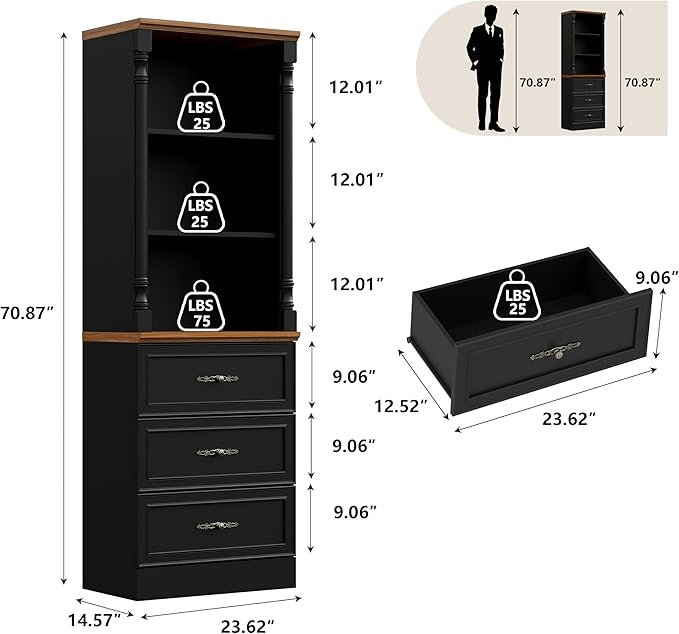 Bookshelf with Drawers, 71" Tall Wood Bookcase with Adjustable Shelf, 24" Wide Book Shelf, Floor Standing Display Storage Cabinet for Home Office, Study and Living Room, Antique Black