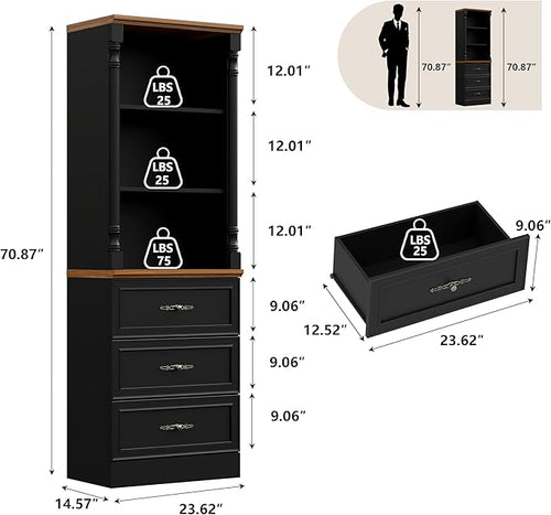 Bookshelf with Drawers, 71" Tall Wood Bookcase with Adjustable Shelf, 24" Wide Book Shelf, Floor Standing Display Storage Cabinet for Home Office, Study and Living Room, Antique Black