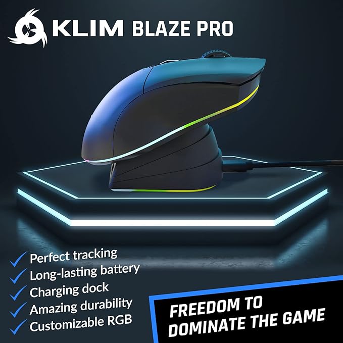 KLIM Blaze Pro Rechargeable Wireless Gaming Mouse with Charging Dock RGB - New Version - High-Precision Sensor and Long-Lasting Battery - Up to 6000 DPI - Great PC Gaming Mouse Wireless
