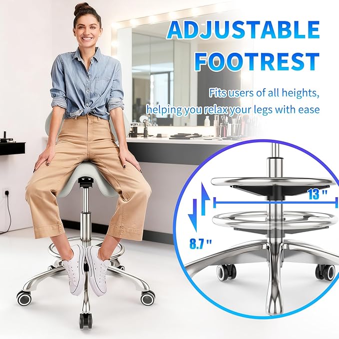Saddle Chair with Back Support - Tilted Backrest, Adjustable Foot Rest, 350 LBS Capacity Ergonomic, 360° Swivel Drafting Chair for Salon,Spa, Massage, Tattoo, Facial lash, Home, Dentist（Grey）