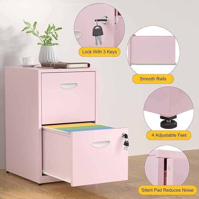 SteeLoong 2 Drawer File Cabinet with Lock,Pink Metal Office Drawers Filing Cabinets for Home Office, Two Drawer Under Desk File Cabinet for Hanging Letter,Easy Assemble