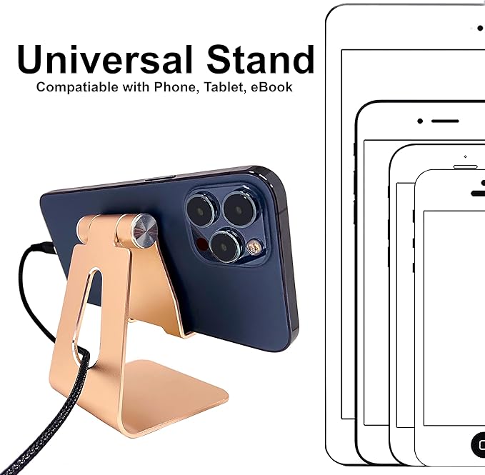Phone & Tablet Stand Adjustable Multi‑Angle Aluminum Phone & Tablet Stand Non‑Slip Dock/Cradle/Charging Station for Desktop, Bed, Kitchen, Office (Gold)