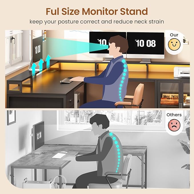 SEDETA L Shaped Gaming Desk with 4 Drawers, 109” Computer Desk with Display Cabinet, Home Office Desks with 2 Monitor Stands, CPU Stand, LED Lights and Power Outlet, Black