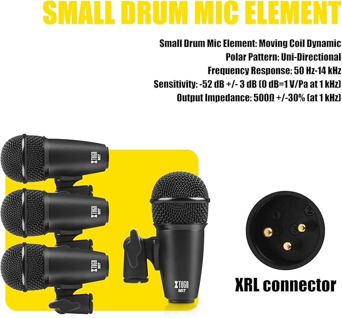 XTUGA 7-Piece Drum Microphone Kit,Wired Dynamic Drum Mic Kit - Metal Kick Bass Drum,Tom/Snare & Cymbals Microphone with Thread Clip-On for Stage Performances and Studio Recording(MI7)