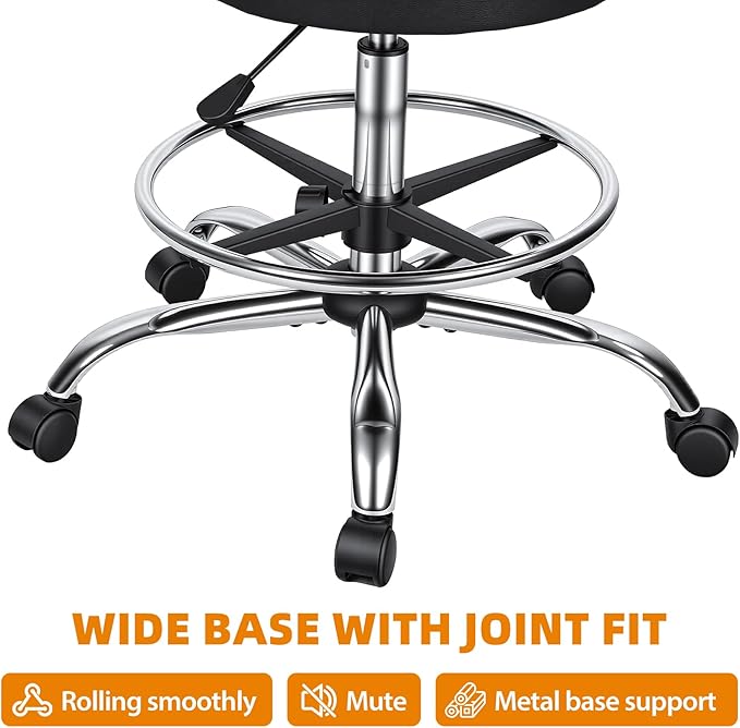Drafting Stool with Backrest, Height Adjustable Drafting Chair Rolling Stool Faux Leather Swivel Stool, Footrest Ring Tall Work Stool Counter Height Office Salon Studio Lab Chair (Black)