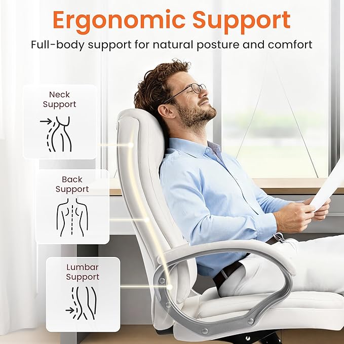 NEO Chair Office Desk Ergonomic Gaming Computer Chair High Back Adjustable PU Leather with Lumbar Support, Swivel Rolling Wheels, Executive Managerial Task Chair (White)