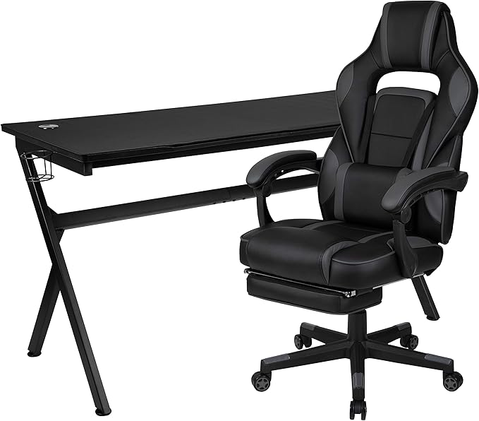 Flash Furniture Optis Gaming Desk with Cup Holder/Headphone Hook/Removable Mousepad Top & Black Reclining Back/Arms Gaming Chair with Footrest