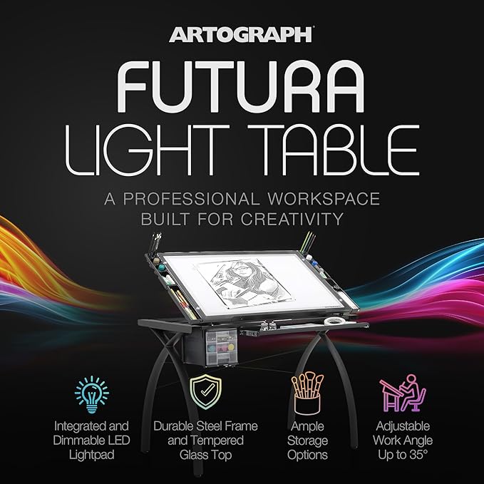Artograph Futura Light Tracing Table for Artists with Storage and Adjustable, Dimmable Glass Work Top