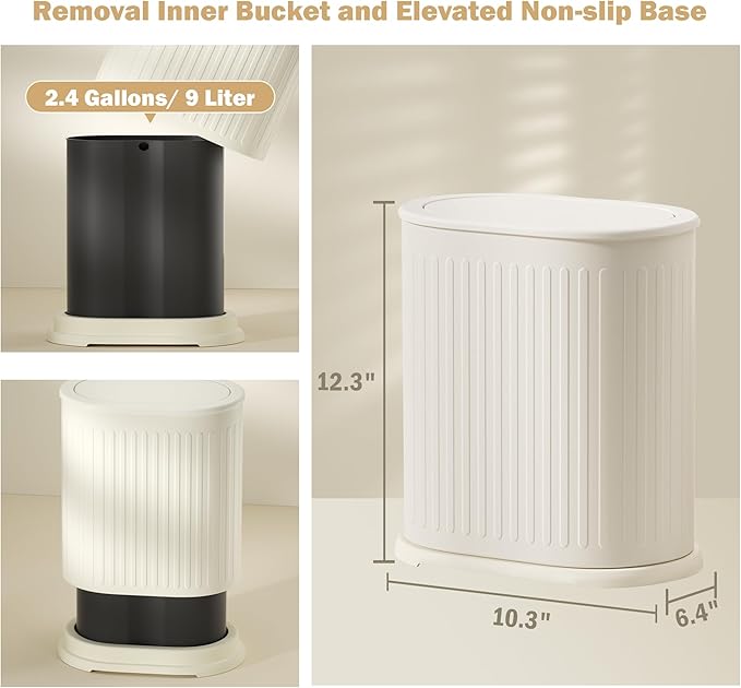 Steel Small Bathroom Trash Can with Lid Press Top 9L/2.4 Gallon Dog Proof Wastebasket with Removable Liner Bucket,Slim Bathroom Garbage Can Bin Under Desk/Sink Bedroom,Living Room,Office,Diaper