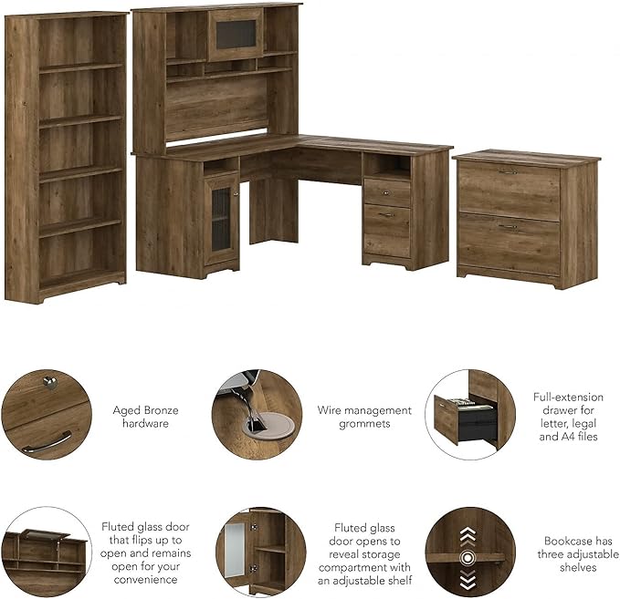 Bush Furniture L Shaped Desk with Hutch, 5 Shelf Bookcase and Lateral File Cabinet | Cabot Collection Corner Computer Table with Storage and Bookshelf | 60Wx23DX37W