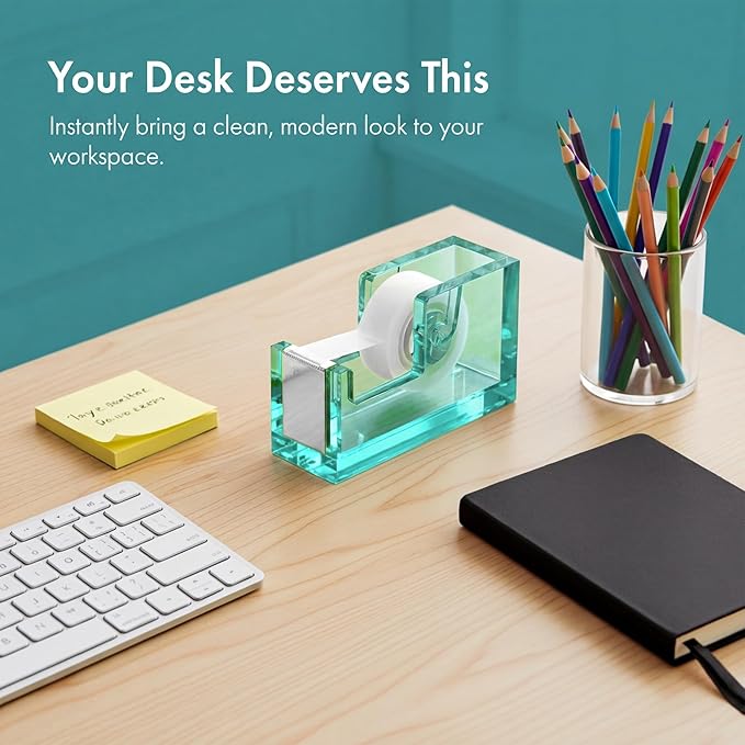 OfficeGoods Acrylic Tape Dispenser – Modern Desk Organizer for Office Supplies, Heavy Duty Refillable Tape Holder for Home and School Crafting, Stylish Desktop Accessory for Gift Wrapping, Green
