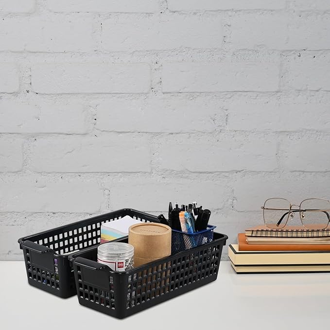 Slim Plastic Storage Baskets, Rectangle Draw Organizing Basket, 6 Packs