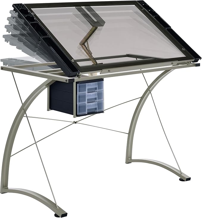 Coaster Home Furnishings - Melo - Metal and Glass - 41-Inch Drafting Table with Adjustable Pitch, Three Drawers, Retractable Pencil Ledge and Storage Compartments - Home Office - Silver - 800986