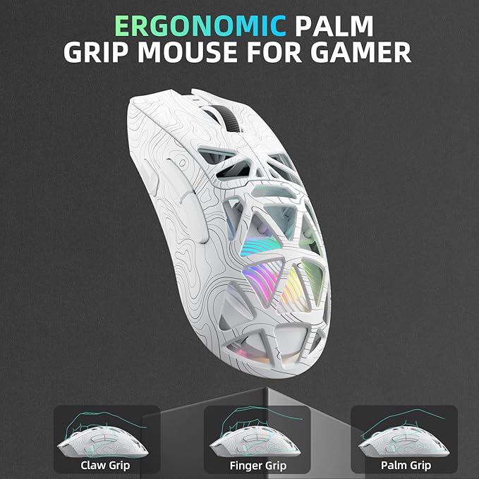 Aula SC620 Wireless Gaming Mouse, Tri-Mode 2.4GHz/USB-C/BT5.3 Computer Mouse with 12000 DPI, Programmable Macro Gamer Mouse with Rapid Fire Key, RGB Light Gaming Mice for PC/Laptop/Mac (Line White)
