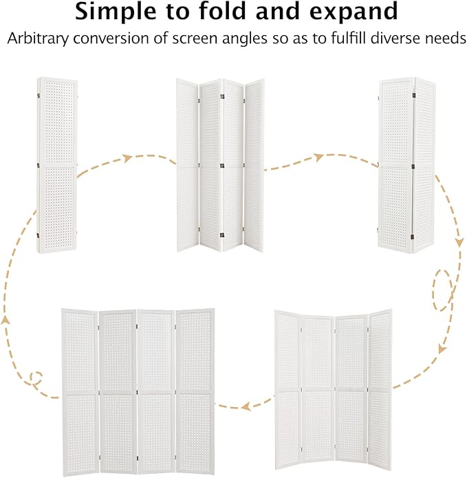 Pegboard Display, 5.6Ft Wooden Room Divider Folding Privacy Screens Portable Freestanding Wall Organizer for Retail Craft Art Display Board (4panels, White)