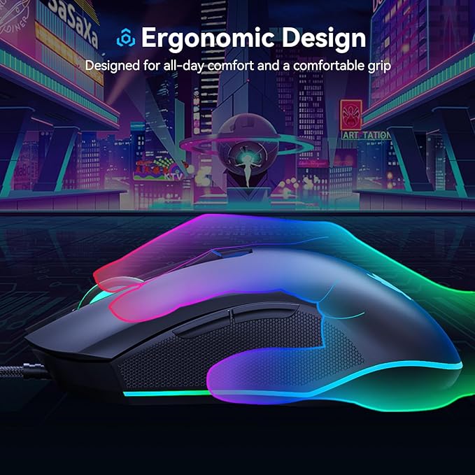 GM300 Wired Gaming Mouse for PS4, Xbox One, PC Computer & Laptop, Games & Work, Side Buttons & LED Backlit Lights - Black