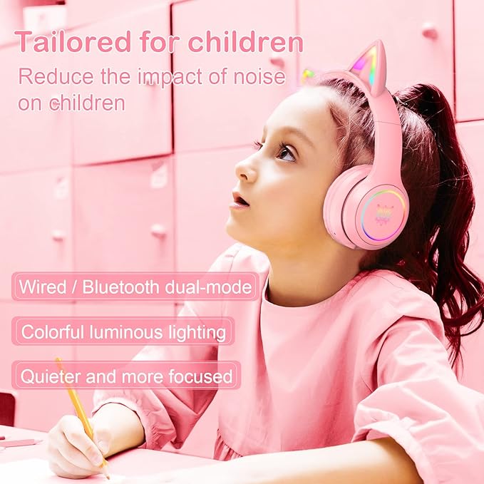 Pink Bluetooth Cat Ear Headphones for Kids & Adults, Wireless & Wired Mode Foldable Headset with Mic - Clear Sound Quality - RGB LED Light, for Girls School Gaming, for Phone/Laptop/PC/Tablet