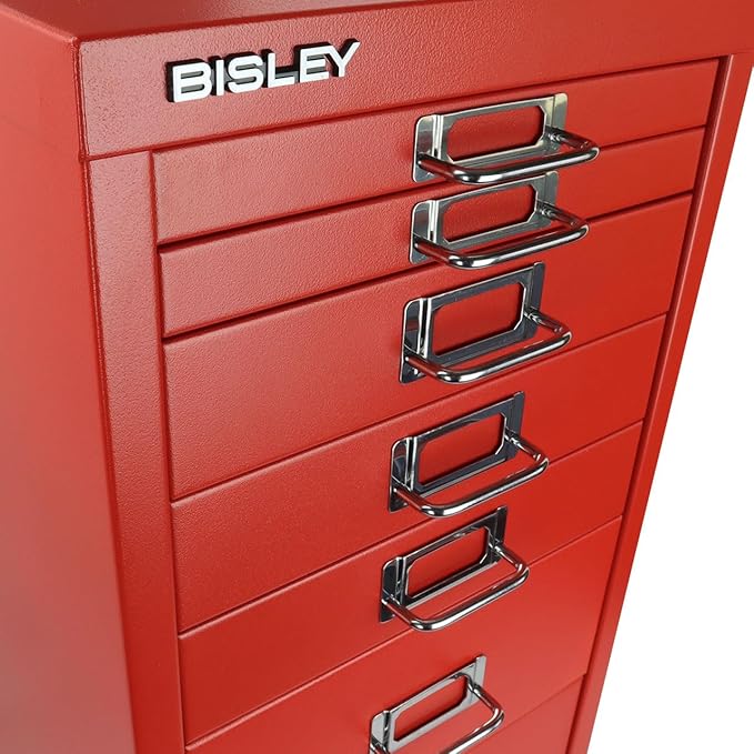 Bisley 8-Drawer Steel MultiDrawer Cabinet - Cardinal Red, Chrome Pull Handles with Label Holders, Powder-Coated Steel, Removable Drawers, Fits Under Most Desks, Labels Included