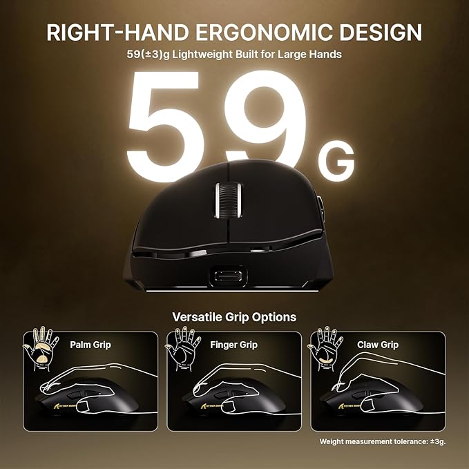 ATTACK SHARK V8 8K Wireless Gaming Mouse Whit 42000 DPI-PAW3950 MAX Sensor-59g Lightweight-Nordic54L15 MCU-400h Battery Life, Triple Modes,Gaming Accessories for PC/Laptop/Mac (Black)
