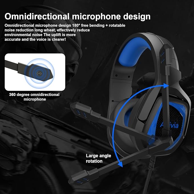 Anivia MH602 Gaming Headset Compatible with PC PS5 PS4 Xbox One Mac Laptop, Wired Stereo Over-Ear Headphones with Noise Cancelling Mic, Soft Memory Earmuffs for Adults & Kids, Black-Blue