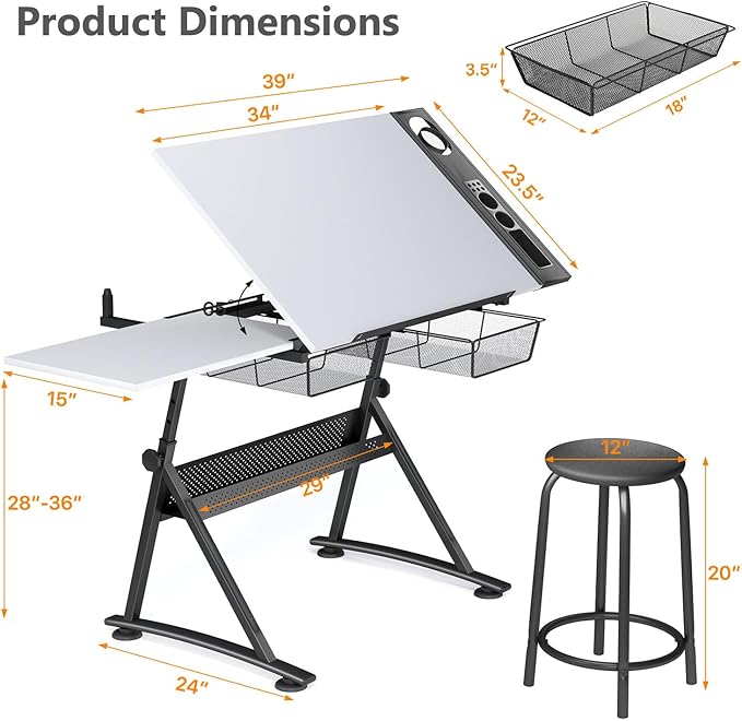 OS MOTOR Adjustable Height Drafting Table with Wood Top, Art Craft Desk with Slide-Out Drawers, Storage, for Drawing, Writing, Painting, and Creative Tasks, Ideal for Home Office, White