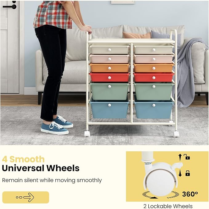 Moccha 12-Drawer Rolling Storage Cart - Utility Cart on Wheels with Lockable Casters for Craft Art Supply Paper Salon, Mobile Drawer Carts for Classroom Teacher School Office, Macaron