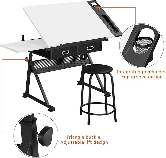 Topeakmart Drafting Table Art Craft Desk with Storage, Wooden Drawing Table with Adjustable Angle, Workstation for Reading&Writing, Foldable Artist Painting Table Crafts Desk with Extra Large Desktop
