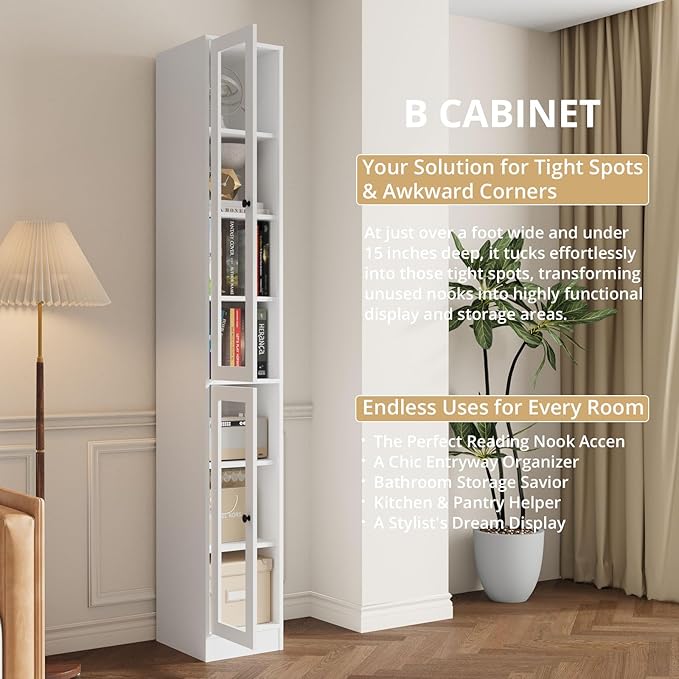 TUSY 85.5 Inch Tall Bookshelf with Doors - 7 Tier Bookcase with Glass Doors and Drawer, 23.6" Wide Storage Cabinet with Open Shelves for Living Room, White Book Shelf for Home Office, Study (DBBD)