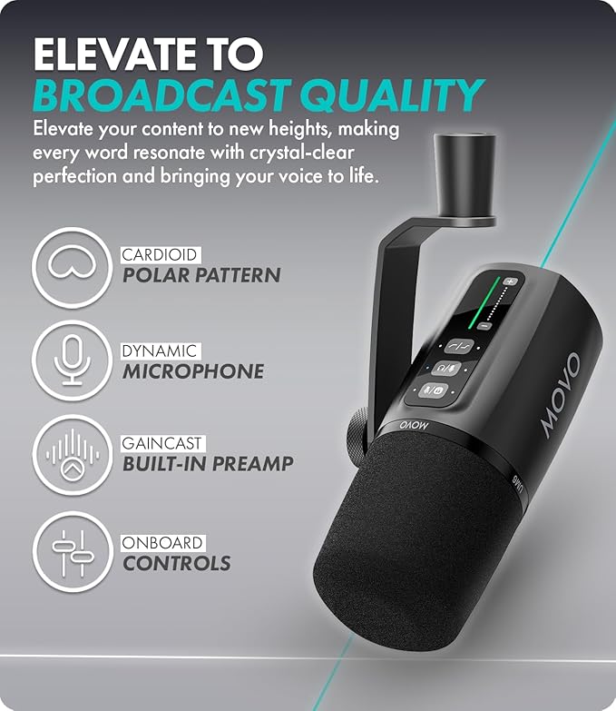 Movo UM6 Dynamic Podcast Microphone with Built-in GainCast Preamp - XLR and USB C Outputs - Studio Mic for Gaming, Podcasting, Streaming, Vocals, Computers, and Content Creation
