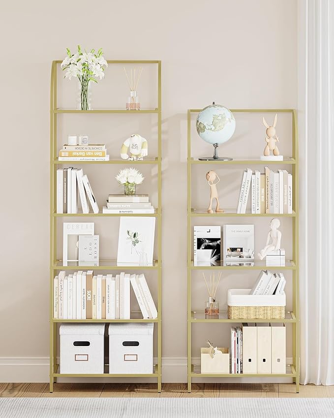 Hzuaneri Bookcase Bookshelf, Tempered Glass Arched Bookshelf for More Storage, Slim Shelving Unit for Bedroom, Bathroom, Home Office, Steel Frame, Wide 6 Tier Gold BC22699G